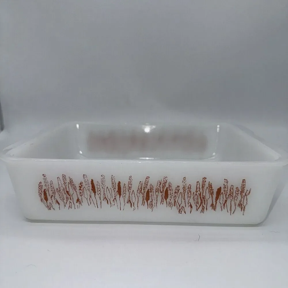 VTG White Ceramic Baking‎ Dish with Copper Wheat Pattern Farmhouse Kitchen Decor